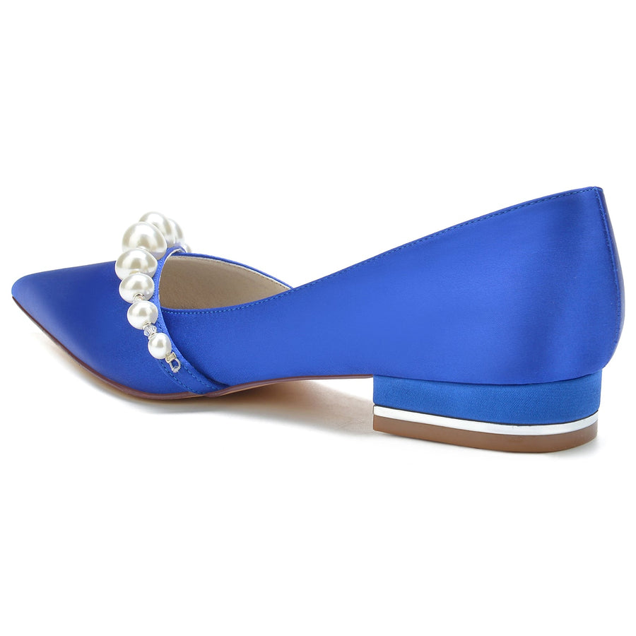 Women's Silk Satin With Pearl Closed Toe Flat Heel Wedding Shoes