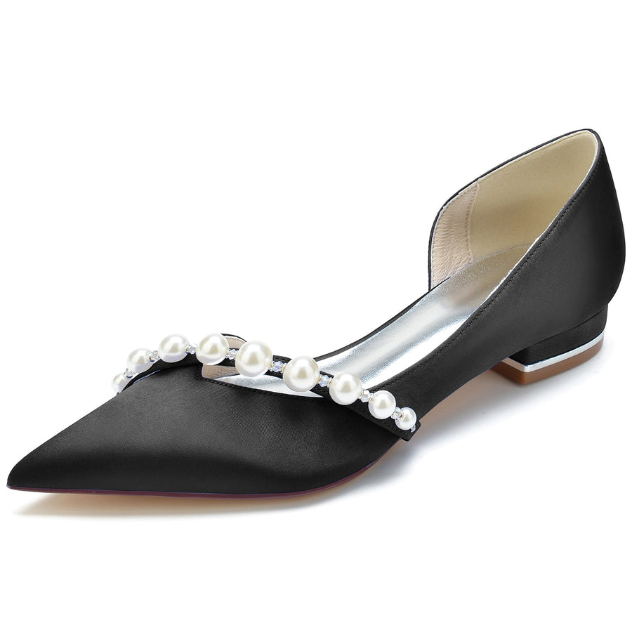 Women's Silk Satin With Pearl Closed Toe Flat Heel Wedding Shoes