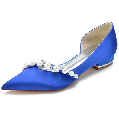 Women's Silk Satin With Pearl Closed Toe Flat Heel Wedding Shoes