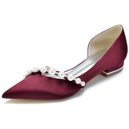 Women's Silk Satin With Pearl Closed Toe Flat Heel Wedding Shoes