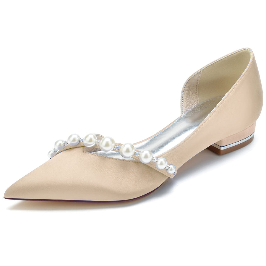 Women's Silk Satin With Pearl Closed Toe Flat Heel Wedding Shoes