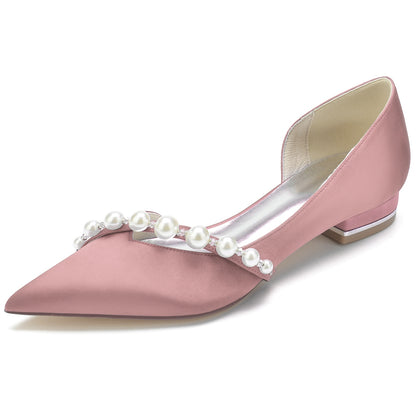 Women's Silk Satin With Pearl Closed Toe Flat Heel Wedding Shoes