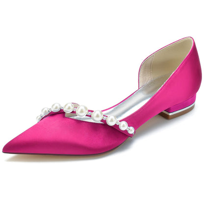 Women's Silk Satin With Pearl Closed Toe Flat Heel Wedding Shoes