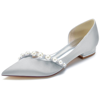 Women's Silk Satin With Pearl Closed Toe Flat Heel Wedding Shoes