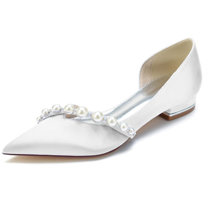 Women's Silk Satin With Pearl Closed Toe Flat Heel Wedding Shoes