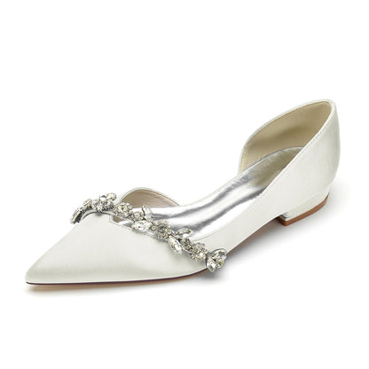 Women's Silk Satin Closed Toe With Flat Heel Rhinestone Wedding Shoes