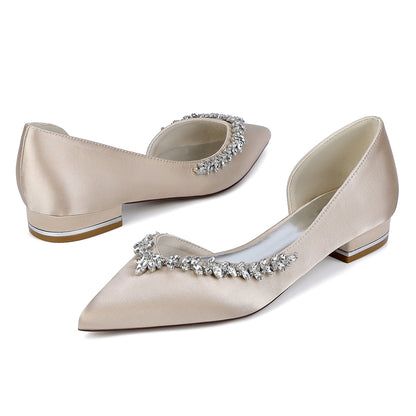 Women's Silk Satin Closed Toe With Rhinestone Flat Heel Wedding Shoes