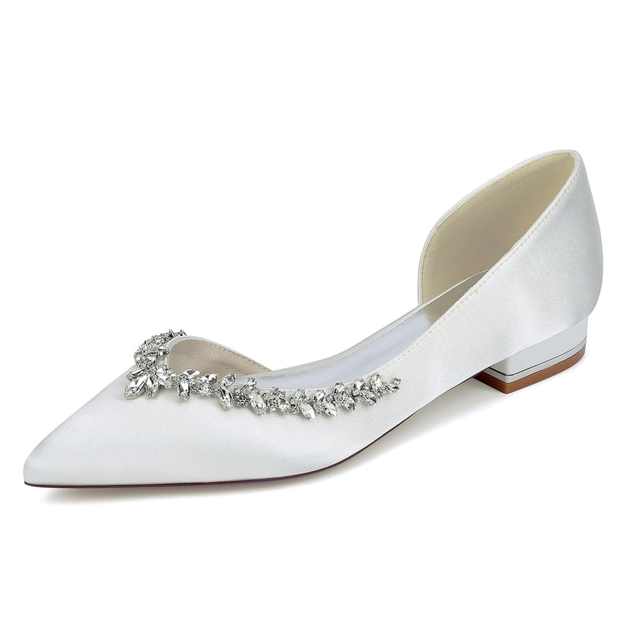 Women's Silk Satin Closed Toe With Rhinestone Flat Heel Wedding Shoes