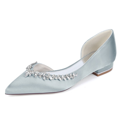 Women's Silk Satin Closed Toe With Rhinestone Flat Heel Wedding Shoes