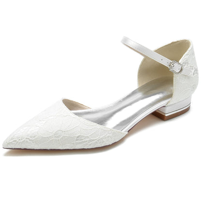 Women's Silk Satin With Ankle Strap Lace Closed Toe Flat Heel Wedding Shoes