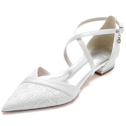 Women's Silk Satin Ankle Strap With Lace Closed Toe Flat Heel Party Shoes