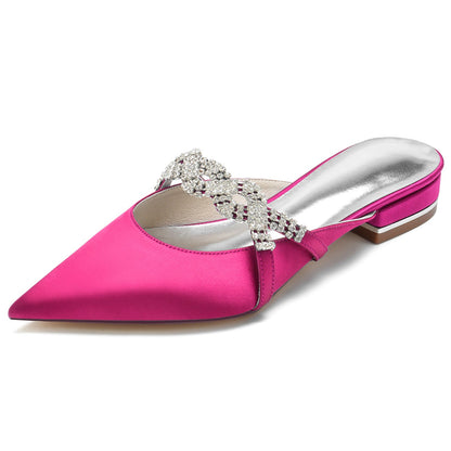 Women's Silk Satin With Closed Toe Flat Heel Rhinestone Wedding Shoes