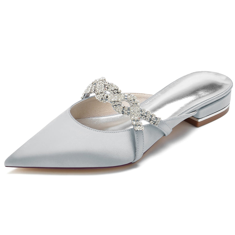 Women's Silk Satin With Closed Toe Flat Heel Rhinestone Wedding Shoes