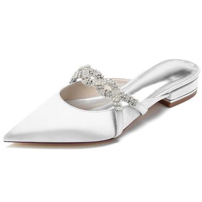 Women's Silk Satin With Closed Toe Flat Heel Rhinestone Wedding Shoes