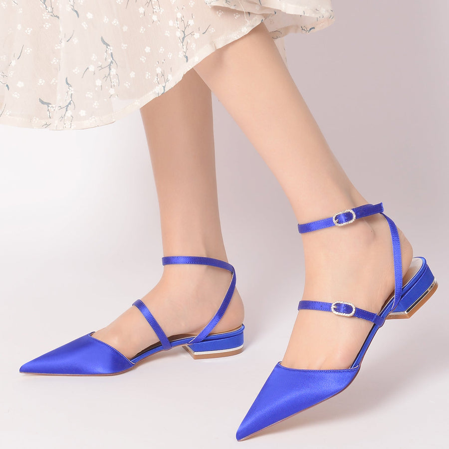 Women's Silk Satin With Ankle Strap Closed Toe Flat Heel Wedding Shoes