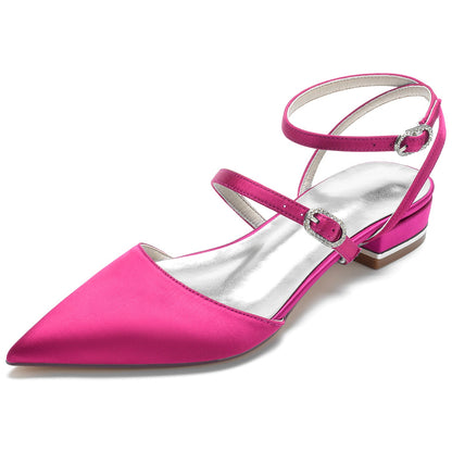 Women's Silk Satin With Ankle Strap Closed Toe Flat Heel Wedding Shoes