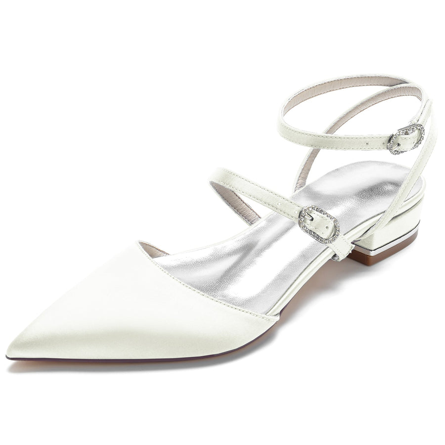 Women's Silk Satin With Ankle Strap Closed Toe Flat Heel Wedding Shoes