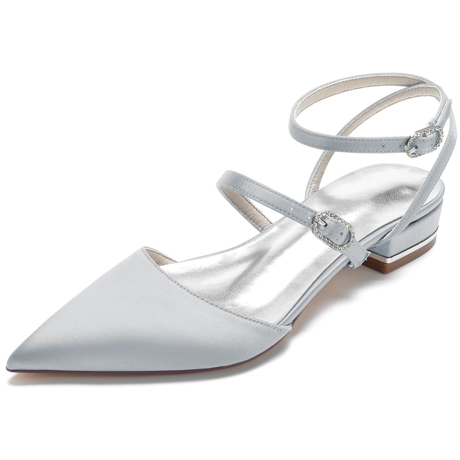 Women's Silk Satin With Ankle Strap Closed Toe Flat Heel Wedding Shoes