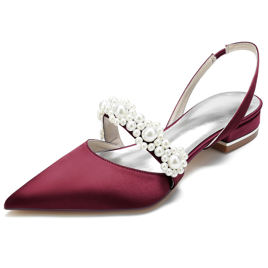 Women's Silk Satin Flower With Closed Toe Flat Heel Evening Shoes