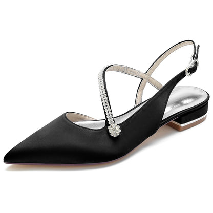 Women's Silk Satin With Ankle Strap Closed ToeRhinestone  Flat Heel Evening Shoes