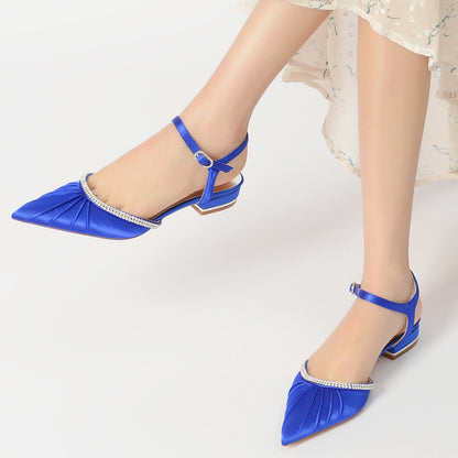 Women's Silk Satin With Closed Toe Ankle Strap Rhinestone Flat Heel Wedding Shoes