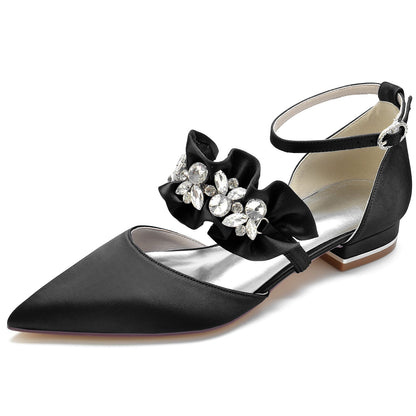 Women's Silk Satin With Rhinestone Ankle Strap Closed Toe Flat Heel Party Shoes