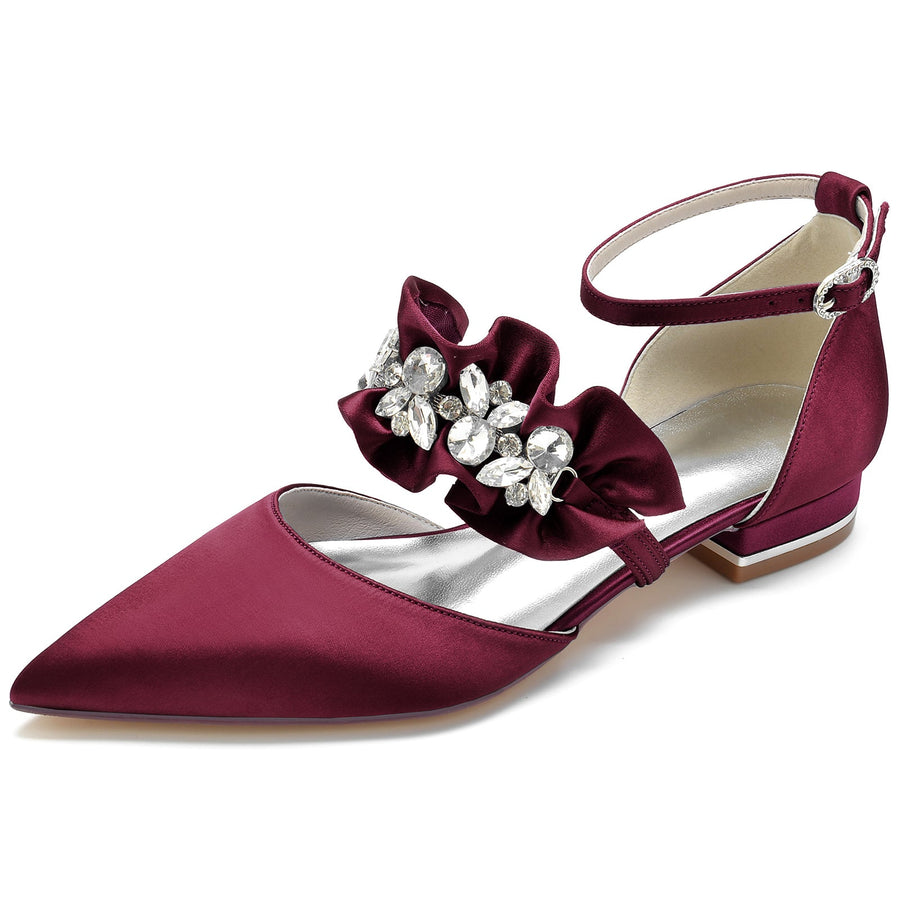 Women's Silk Satin With Rhinestone Ankle Strap Closed Toe Flat Heel Party Shoes