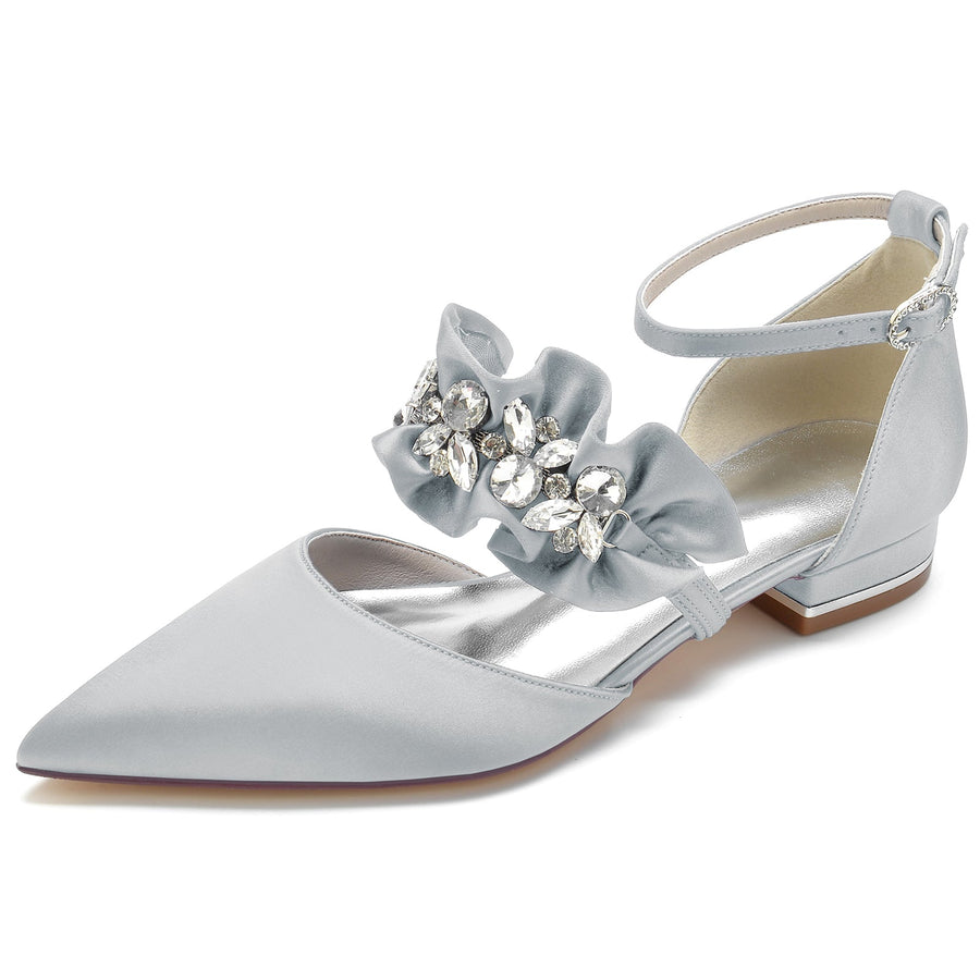 Women's Silk Satin With Rhinestone Ankle Strap Closed Toe Flat Heel Party Shoes