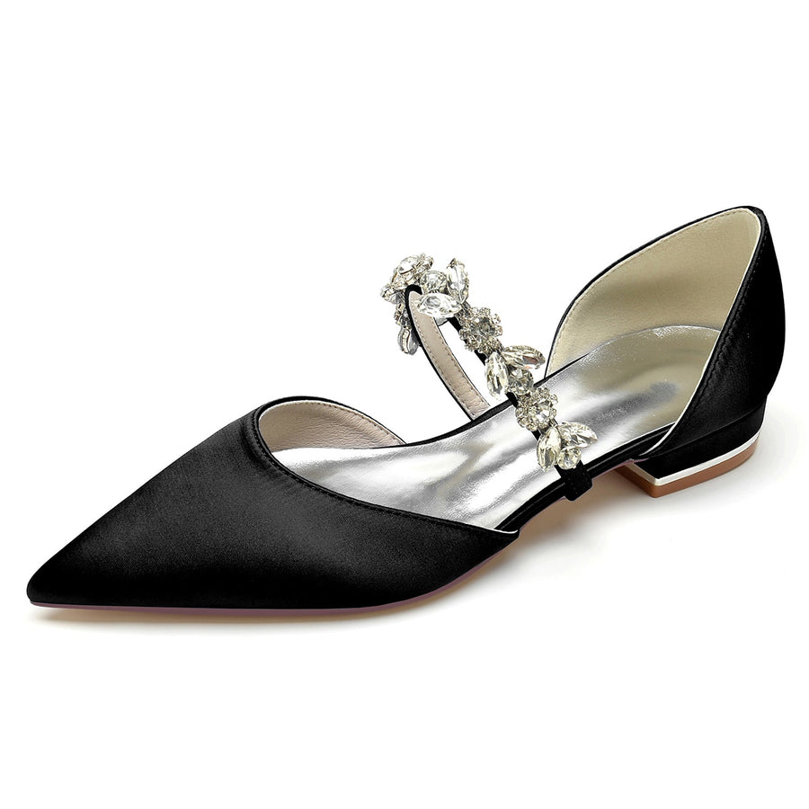 Women's Silk Satin With Rhinestone Closed Toe Flat Heel Wedding Shoes