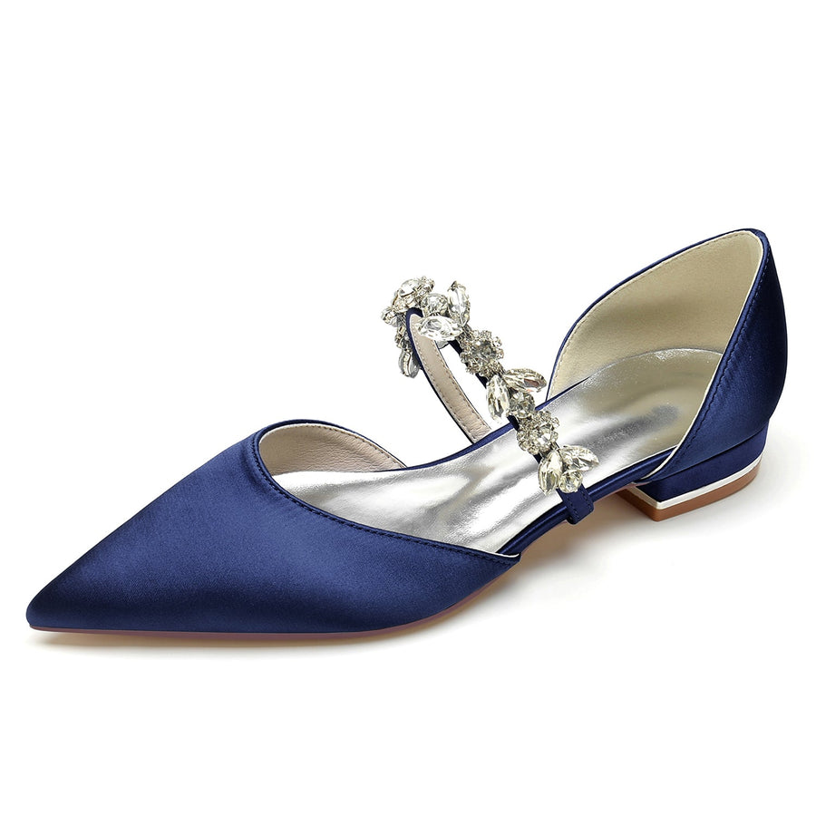 Women's Silk Satin With Rhinestone Closed Toe Flat Heel Wedding Shoes