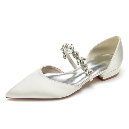 Women's Silk Satin With Rhinestone Closed Toe Flat Heel Wedding Shoes