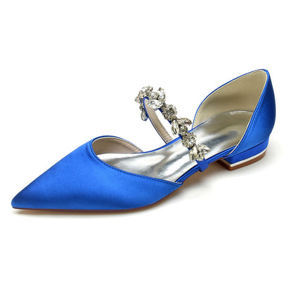 Women's Silk Satin With Rhinestone Closed Toe Flat Heel Wedding Shoes