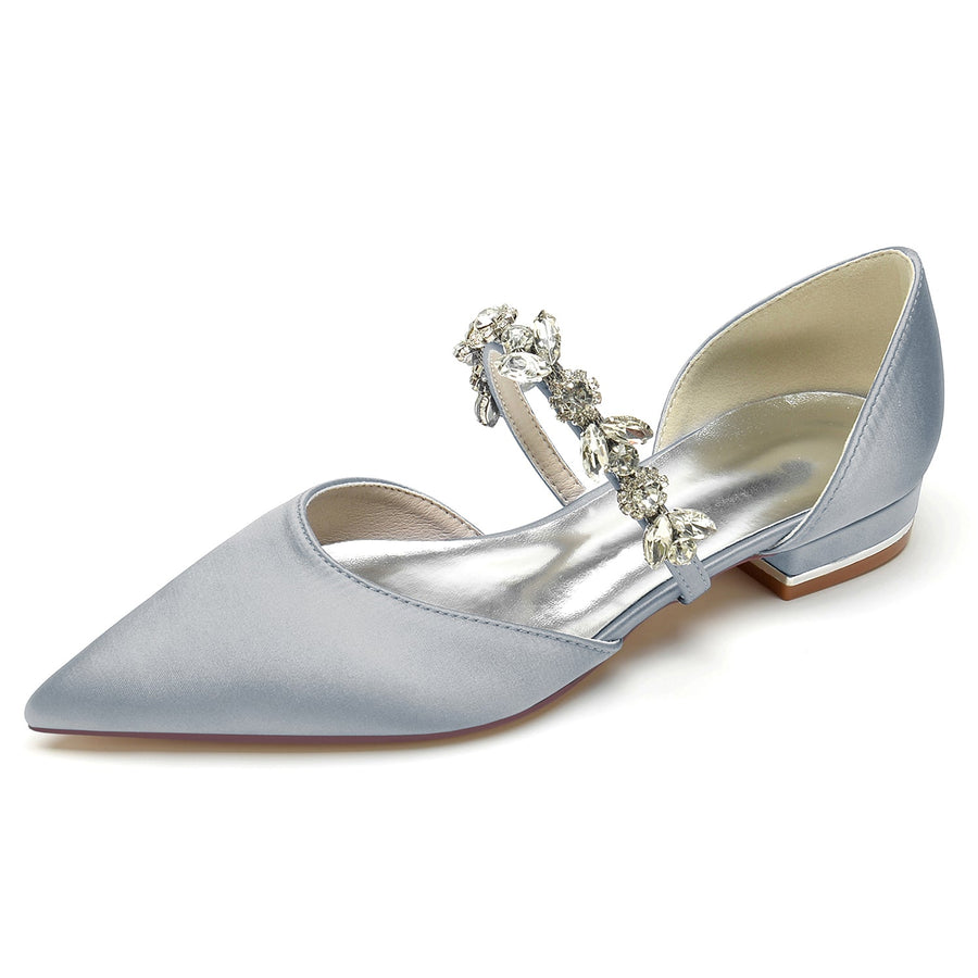 Women's Silk Satin With Rhinestone Closed Toe Flat Heel Wedding Shoes