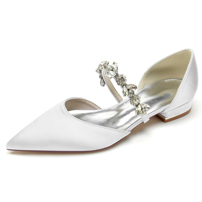 Women's Silk Satin With Rhinestone Closed Toe Flat Heel Wedding Shoes