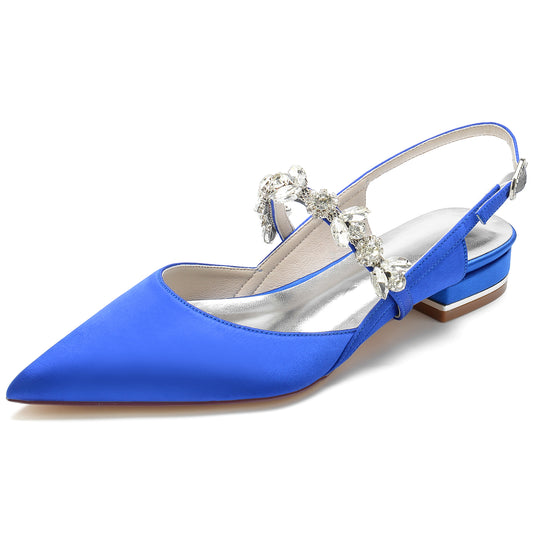 Women's Ankle Strap Rhinestone Closed Toe Silk Satin With Flat Heel Wedding Shoes