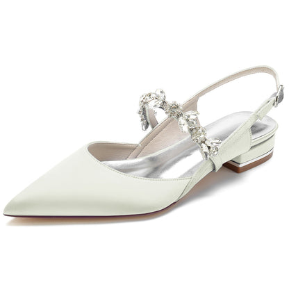 Women's Ankle Strap Rhinestone Closed Toe Silk Satin With Flat Heel Wedding Shoes