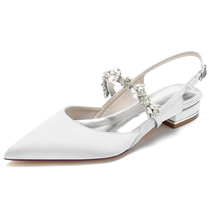 Women's Ankle Strap Rhinestone Closed Toe Silk Satin With Flat Heel Wedding Shoes