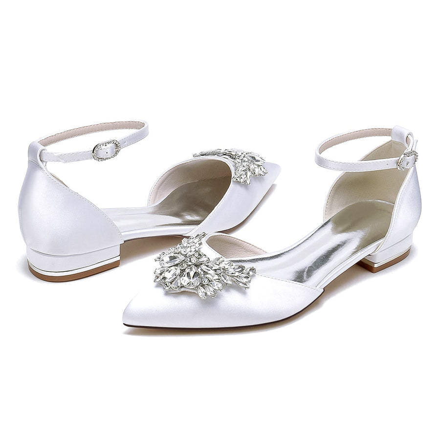 Women's Silk Satin With Ankle Strap Rhinestone Closed Toe Flat Heel Evening Shoes