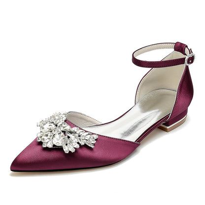 Women's Silk Satin With Ankle Strap Rhinestone Closed Toe Flat Heel Evening Shoes