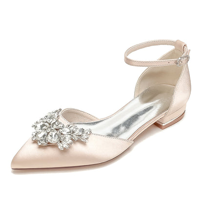 Women's Silk Satin With Ankle Strap Rhinestone Closed Toe Flat Heel Evening Shoes