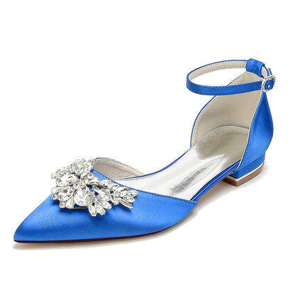 Women's Silk Satin With Ankle Strap Rhinestone Closed Toe Flat Heel Evening Shoes