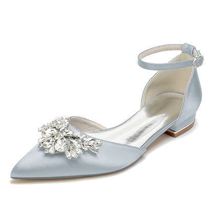 Women's Silk Satin With Ankle Strap Rhinestone Closed Toe Flat Heel Evening Shoes