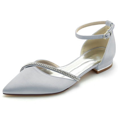 Women's Ankle Strap Silk Satin With Rhinestone Closed Toe Flat Heel Party Shoes