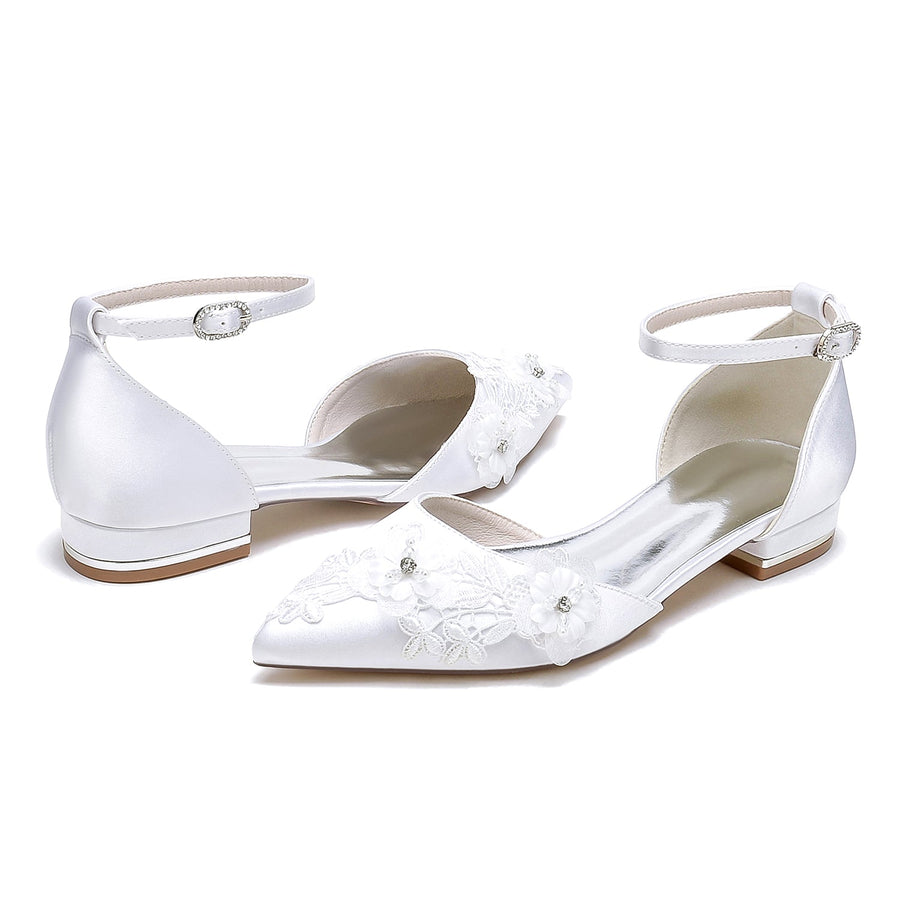 Women's Silk Satin With Ankle Strap Flower Closed Toe Flat Heel Wedding Shoes