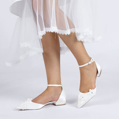 Women's Silk Satin With Ankle Strap Flower Closed Toe Flat Heel Wedding Shoes