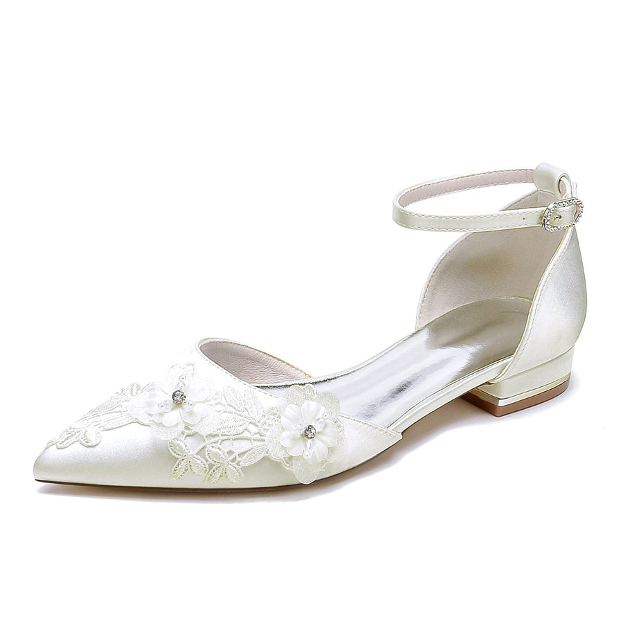 Women's Silk Satin With Ankle Strap Flower Closed Toe Flat Heel Wedding Shoes