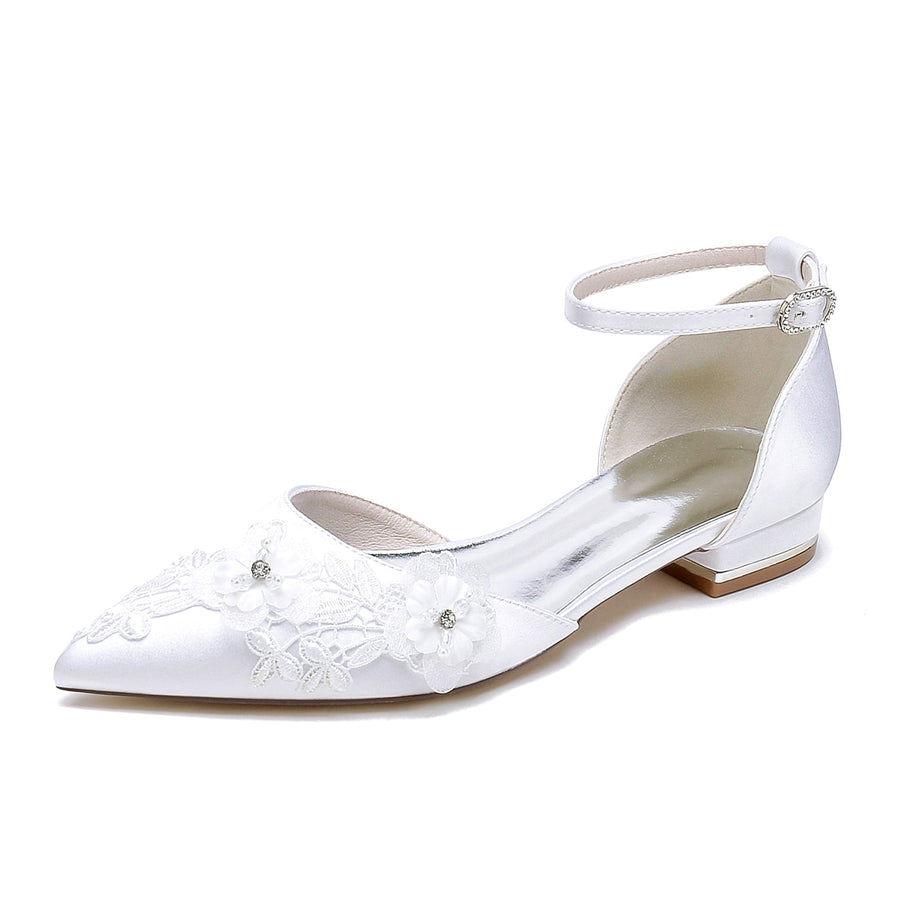 Women's Silk Satin With Ankle Strap Flower Closed Toe Flat Heel Wedding Shoes