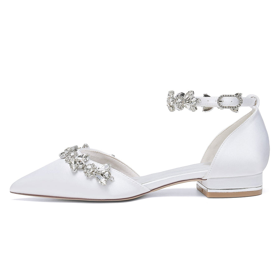 Women's Silk Satin With Rhinestone Ankle Strap Flat Heel Closed Toe Party Shoes