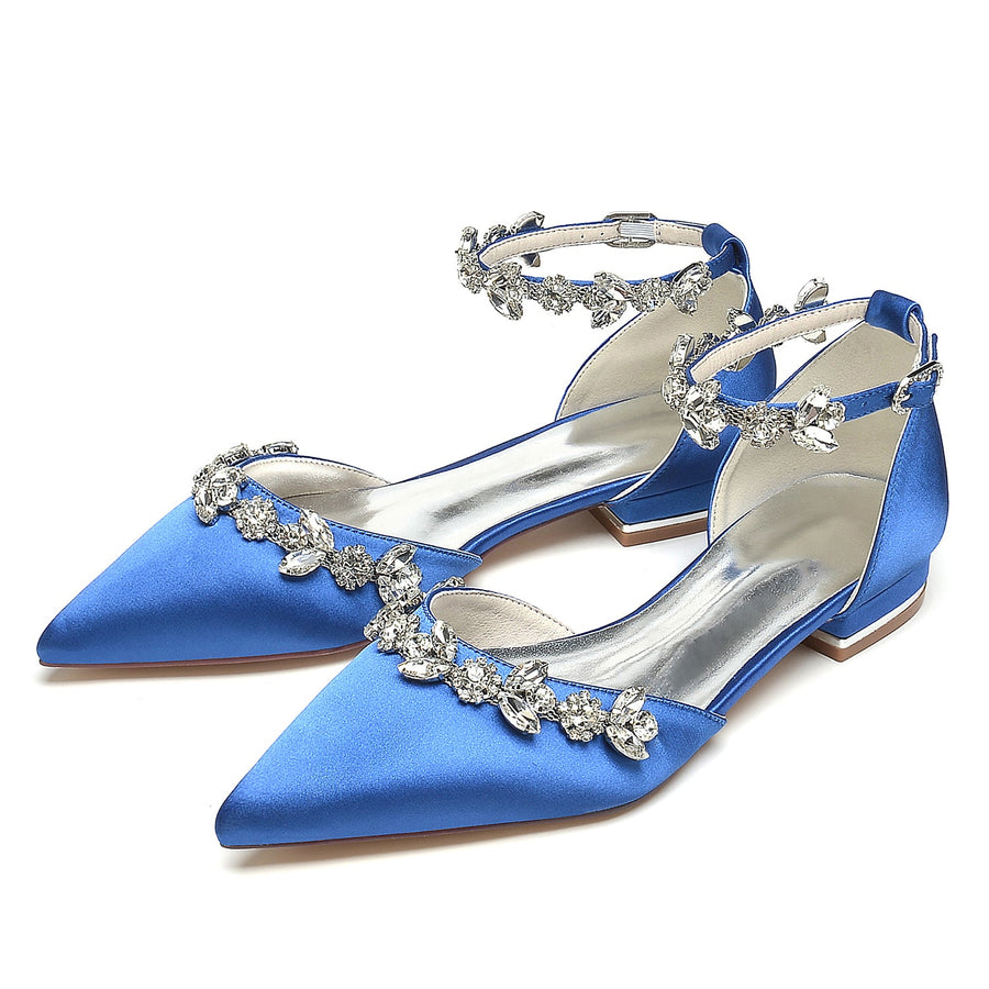 Women's Silk Satin With Rhinestone Ankle Strap Flat Heel Closed Toe Party Shoes