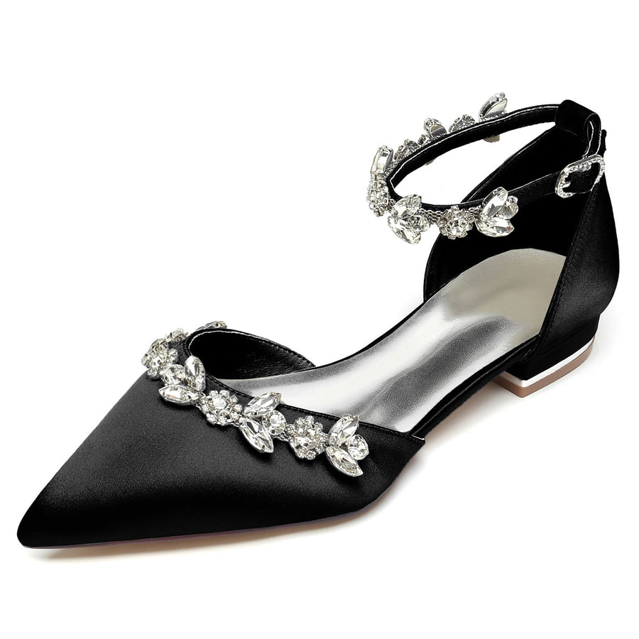 Women's Silk Satin With Rhinestone Ankle Strap Flat Heel Closed Toe Party Shoes